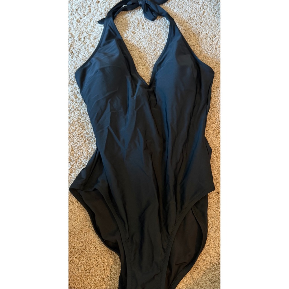 J. Crew Womens Black Halter V-Neck One Piece Swimsuit Size M BR591
